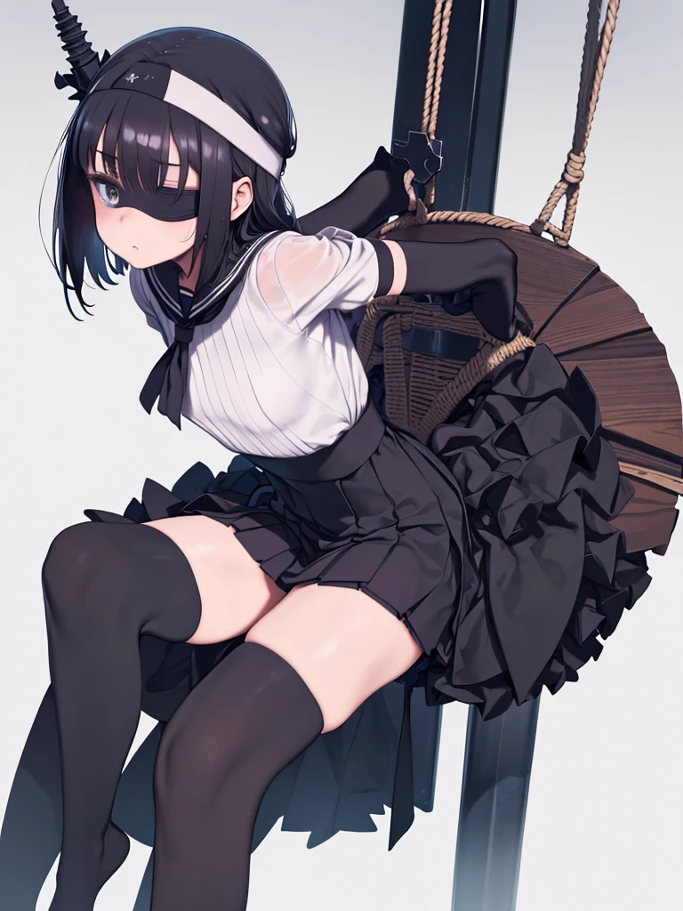 (Highly detailed CG Unity 8k), (highest quality),(Very detailed),(Ultra-high resolution), 1 female, white cloth gag, uniform, Sailor suit, Rope Bondage, breasts Rope Bondage, hands back Rope Bondage, leg Rope Bondage, thigh Rope Bondage, (bust Rope Bondage:1.4), feet Rope Bondage, Put your arms behind your hips, Wrists tied, Tie your ankles, Gagged with a white cloth, Dark Blue Skirt, Park bench, Blindfold, Feet together, Tie your ankles, Black Hair, high school girl, (Black Stockings:1.4), Black garter belt, Brown Loafers, Crying face, (White headband:1.4), Blur the background,