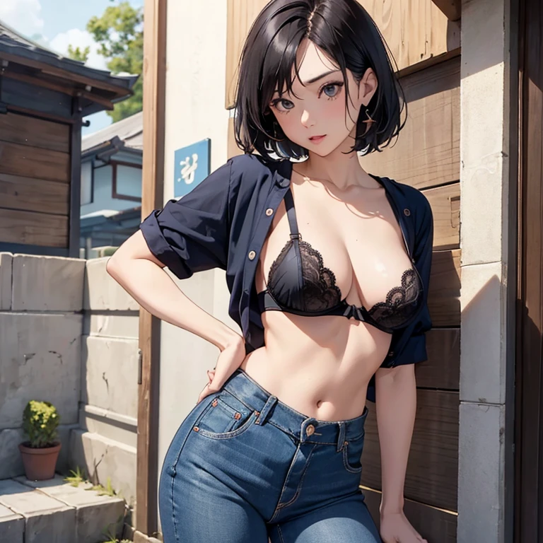 Adult、sexy、lady、orgasm、麗しい顔だちなジャパニーズスーパーlady、Inducing puberty just before puberty, outdoor summer, nipple erection induction, tight 7/8 length jeans showing the lower abdomen, black hair, 37 year old Japanese model, erect penis inducement pose, standing alone, 37 year old woman, bra、High-end penis seduction high-end repair figure solo pose、Very short hair boyish style、Nude Tension Nude Cool Beauty 37 years old Loose Adult Bra