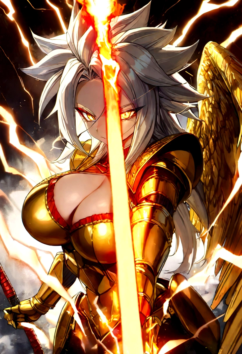((Lightning Power)), ((Electricity)), ((Fire Background)), ((android 21)), (((white Coat))), (((Super Saiyan 4 Form))), ((())), (((((Big breas))), luxury bustier corset, ((silver hair)), (((Very slim waist))), propotional body, ((Gorgeous)), ((gold wings)), masterpiece, hyperdetail, ambient effect, digital effect, (((FIRE SWORD)), (((Lightning Sword))), (((Fire Gold Armor))), ((Lightning Gold Wings)), ((Fire Demon Horns))