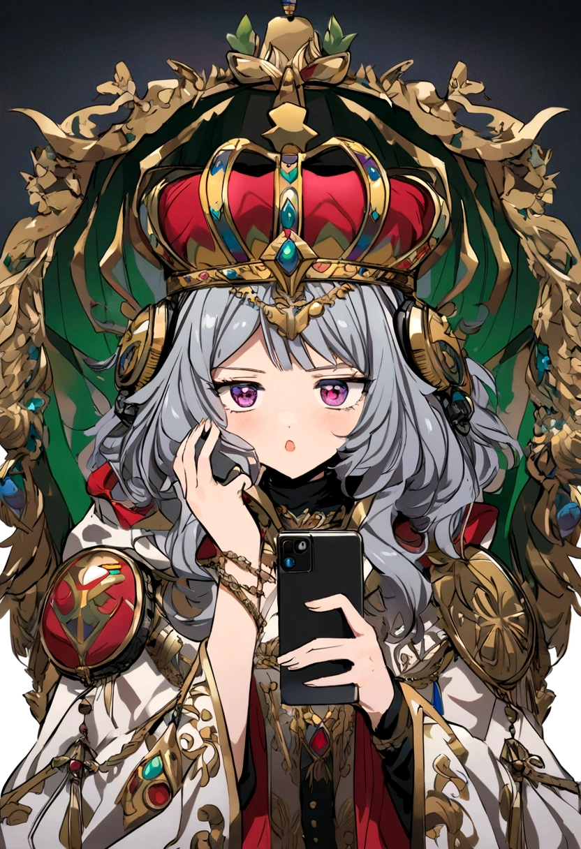 "Crie um rei, with an ostentatious crown on his head, segurando um smartphone moderno com uma tela brilhante, using state-of-the-art headphones."