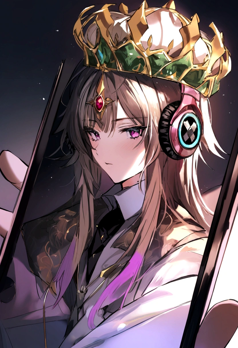 "Crie um rei, with an ostentatious crown on his head, segurando um smartphone moderno com uma tela brilhante, using state-of-the-art headphones."