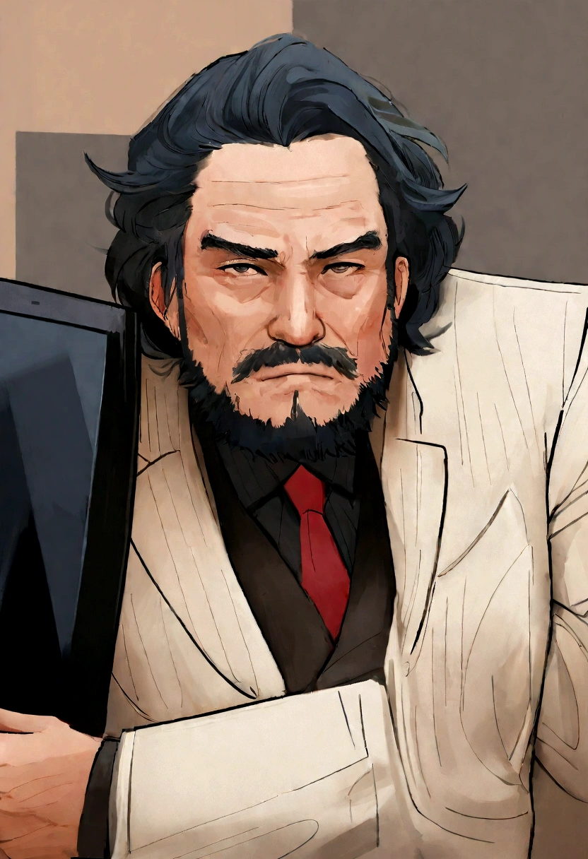 acima、Make a handsome 30 year old man in a black suit and tie, CEO, cheveux et barbe bruns, (Homem de terno preto e gravata), ), (Use uma barba,) Attractive and serious appearance, cabelo preto curto, Elegant and elegant, Barbear bem ajustado ao terno e corpo forte, (altamente qualidade, Imagens realistas), Preto escuro e claro no fundo da imagem, estilo de filme, ((primeira qualidade, 8K, obra de arte), Ultra high definition photo, (Lindos rostos detalhados, detalhe da textura da pele, corpo hiperdetalhado:1.1)