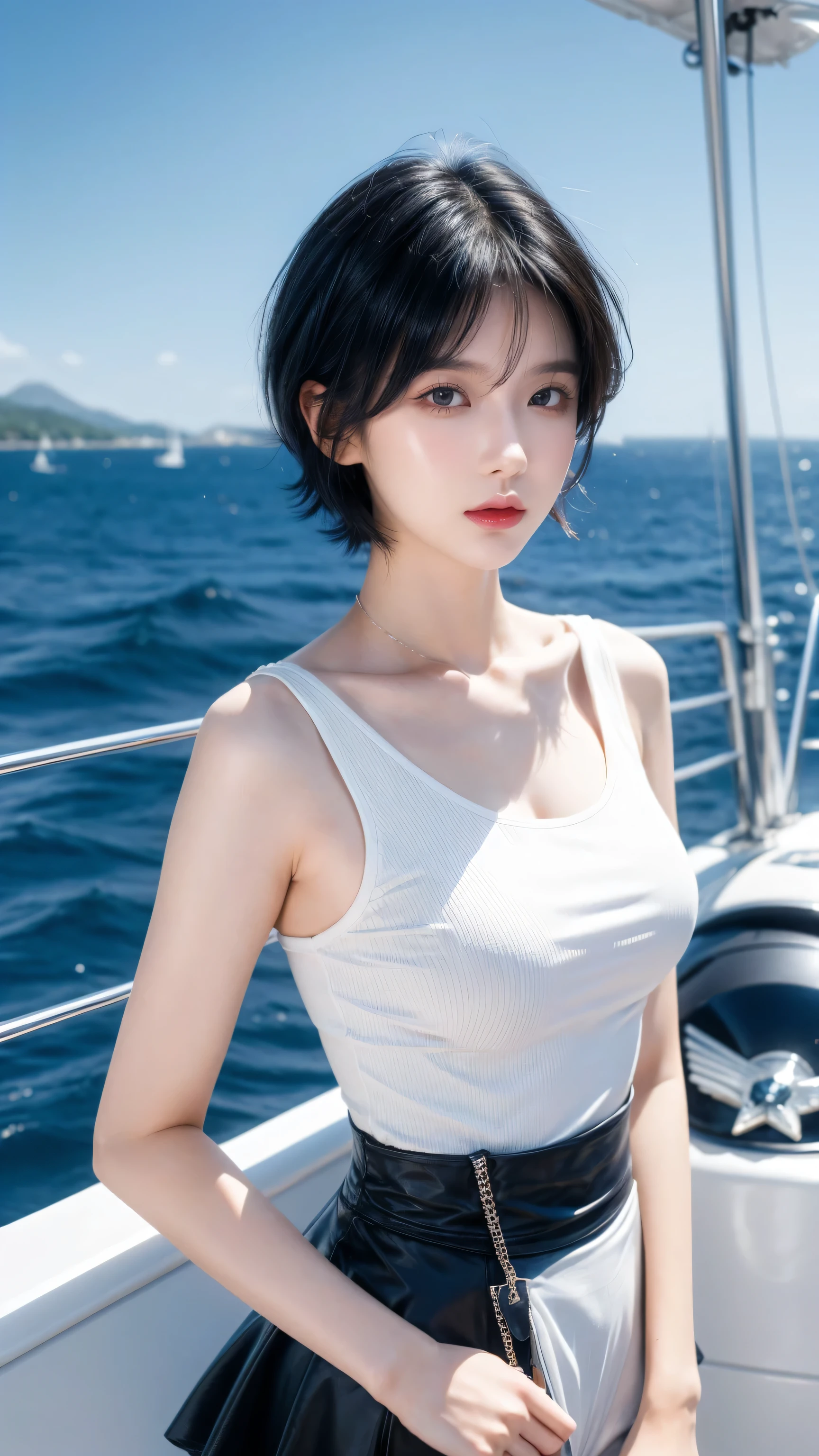 best quality, 1 Girl, dark blue hair, black eyes, Very short hair, Spiky hair, Shirt white, High waist short white, 171 cm, Messy hair, Hair between the eyes, Medium breasts, full, Tomboy, aldult, 20 years old, 1 Girl with yatch luxury at the sea