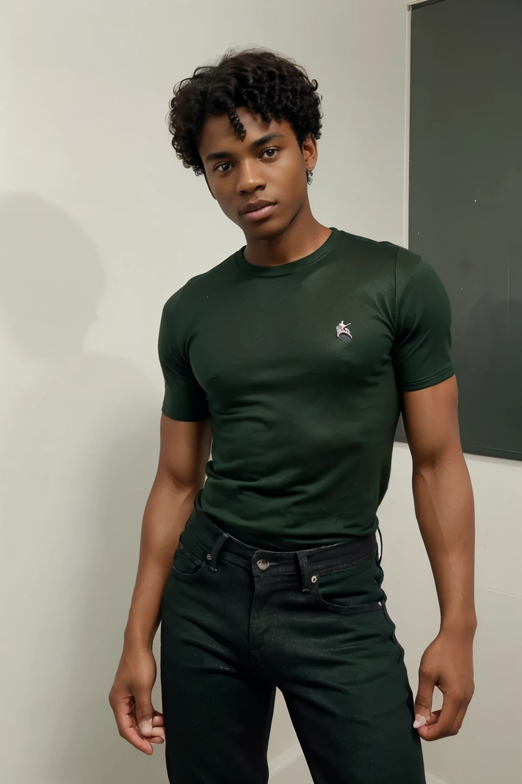 young man, ((black)), ((17 years old)), ((curle hair)), ((short hair)) ((defined face)), ((muscles body)), ((body detailed)), ((brown eyes)), ((green shirt)), ((black jeans) )), ((background clean)), ((white background))