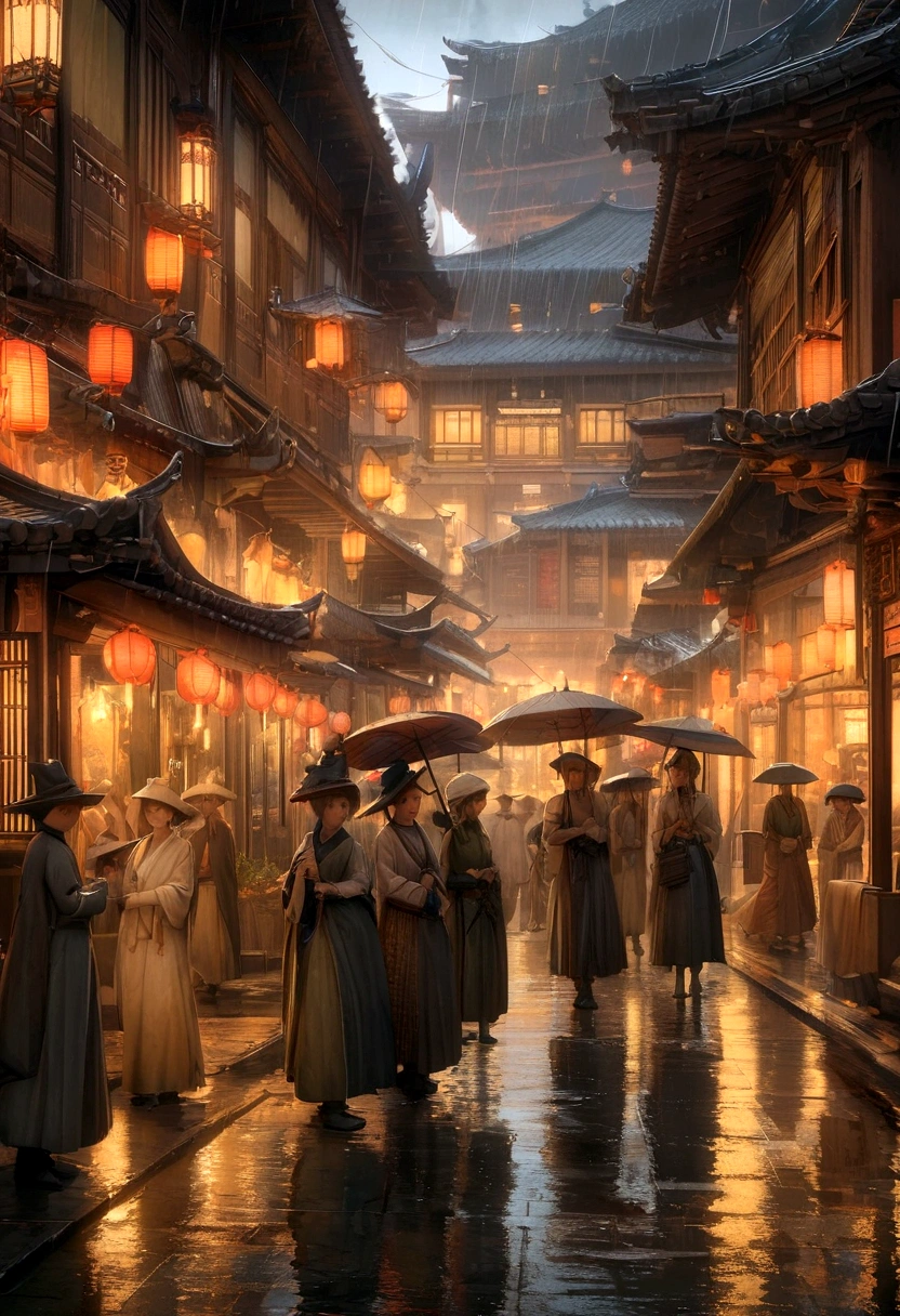 Chinese Jiangnan water town oil painting, featuring beautiful neoclassical and traditional Chinese water town architecture, rain, and reflection of people and faces on the sidewalk, elegant and atmospheric, with many details, rendering Lumion 8k, rendering Unreal Engine architecture, many details, warm toned movie yellow lighting, Impressionist oil painting style images, many, Mane C is zanne,