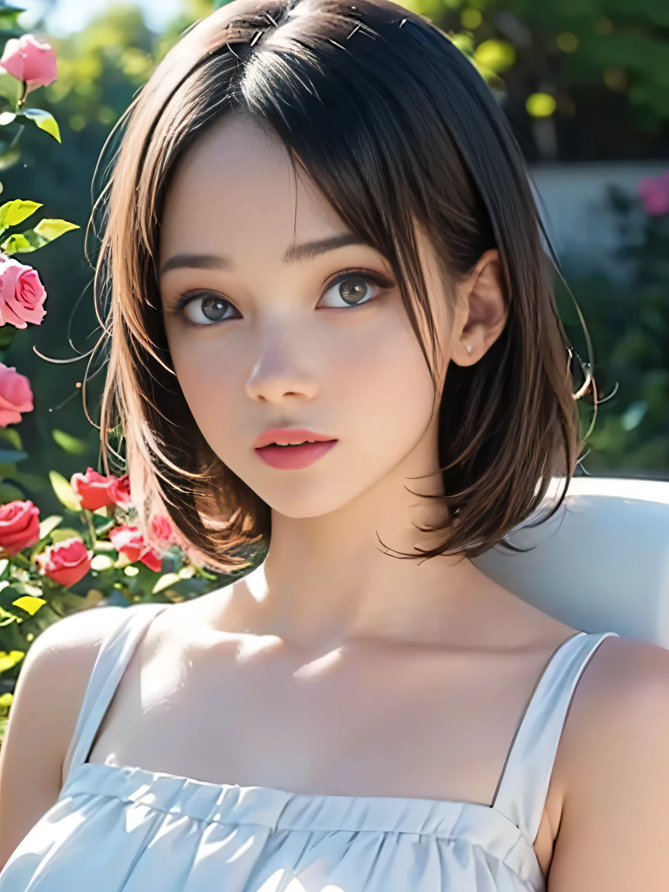 (s0fiag0mez:0.8), short hair, close up shot, fox ears, slim, slender, looking at viewer, floral dress, large breasts, in garden, flower bed, (masterpiece), (best quality:1.2), absurdres, intricate details, (highly detailed skin:1.2),