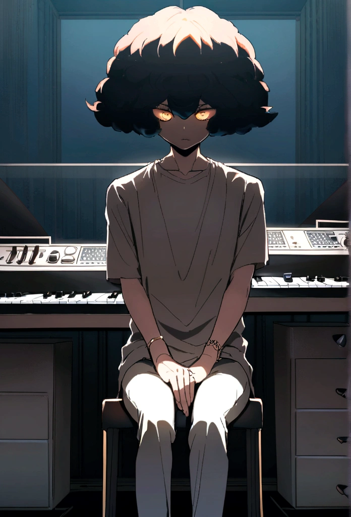 Generates a young man sitting on a stool in a music studio, devant un fond avec un orchestre. Il porte une veste beige à poches multiples par-dessus un t-shirt clair, ainsi qu'un pantalon marron. His arms are crossed on his knees, et il porte des bracelets et une montre au poignet gauche Avec un micro devant lui, et ses cheveux sont en afro