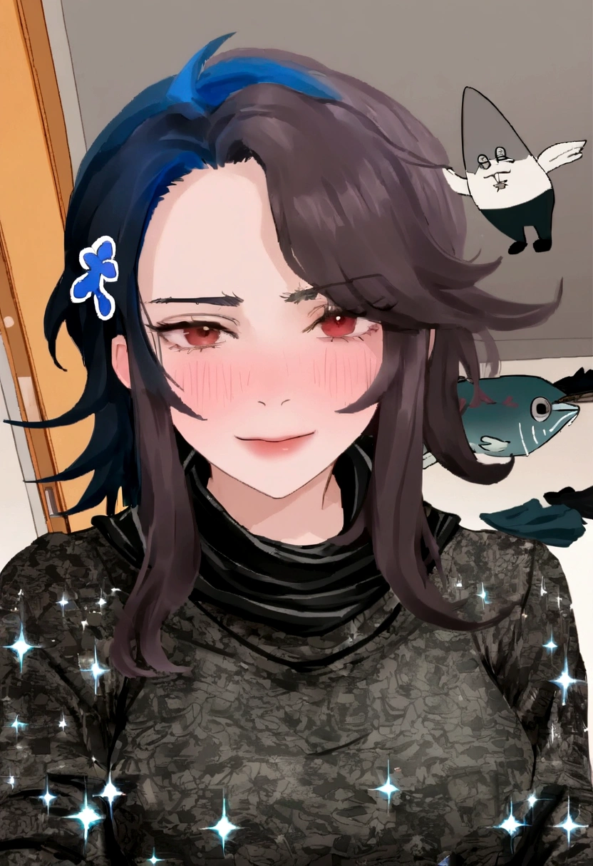 1 , bonito, cabelo preto, comma hair, forehead comma hair, cabelo coreano, estilo de rua, Moletom roxo, brilhante, olhos vermelhos, olhando para o espectador, tronco, sorriso, nariz mediano