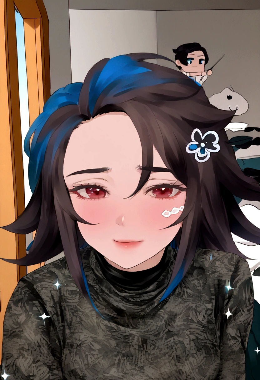 1 , bonito, cabelo preto, comma hair, forehead comma hair, cabelo coreano, estilo de rua, Moletom roxo, brilhante, olhos vermelhos, olhando para o espectador, tronco, sorriso, nariz mediano