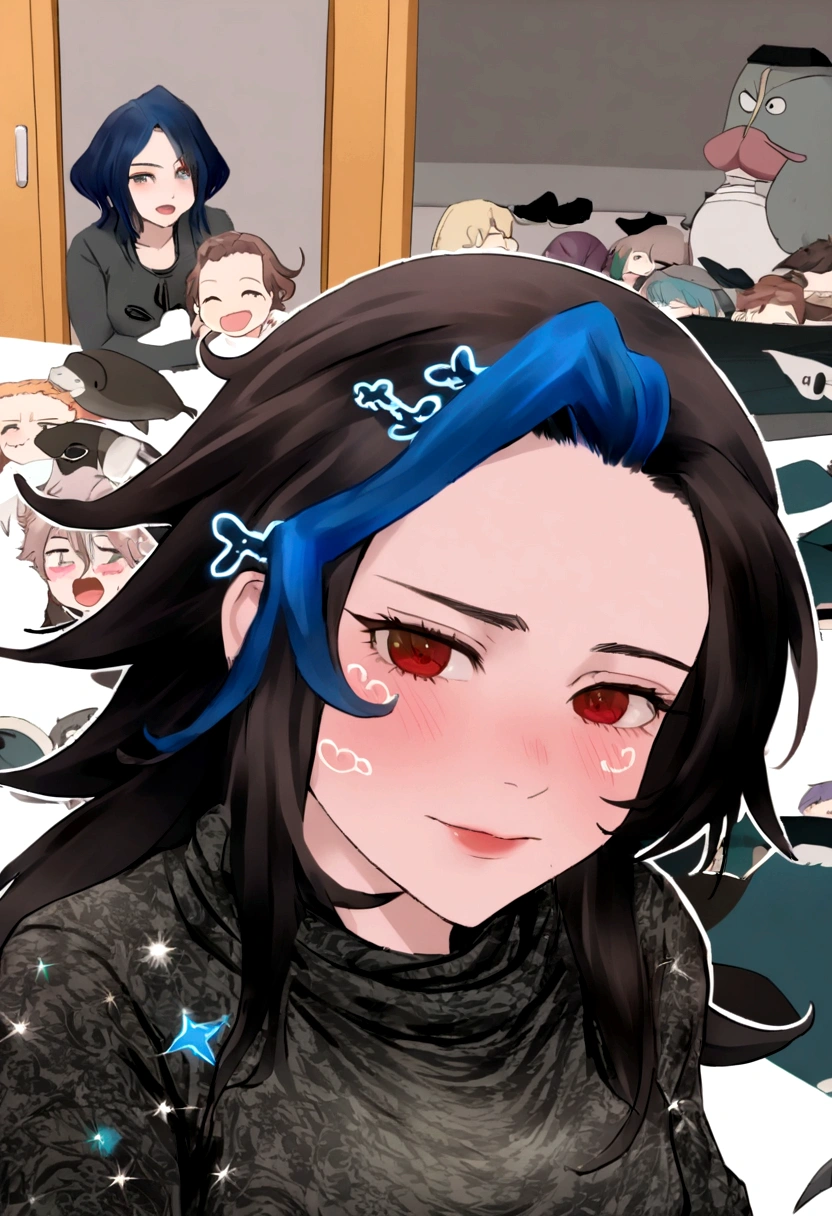1 , bonito, cabelo preto, comma hair, forehead comma hair, cabelo coreano, estilo de rua, Moletom roxo, brilhante, olhos vermelhos, olhando para o espectador, tronco, sorriso, nariz mediano