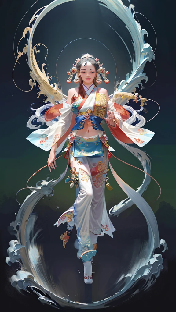 Official Art, Unified 8K Wallpapers, Ultra Detailed, Beautiful and Aesthetic, Masterpiece, Best Quality, (Zentangle, Tangle, Entangle), (fractal art: 1.4), 1girl, black hair, Chinese, bare shoulders, short skirt, calf, navel, very detailed, dynamic angle, cowboyshot, (most beautiful form chaos), flowing, (bright colors), oc, (half: 1.2), china, (thangka flying sky: 1.5), (ribbon: 1.3), (dream: 1.5), (hanfu: 1.5), Chinese dragon, Chinese phoenix, (smile: 0.5), (Chinese deity),
