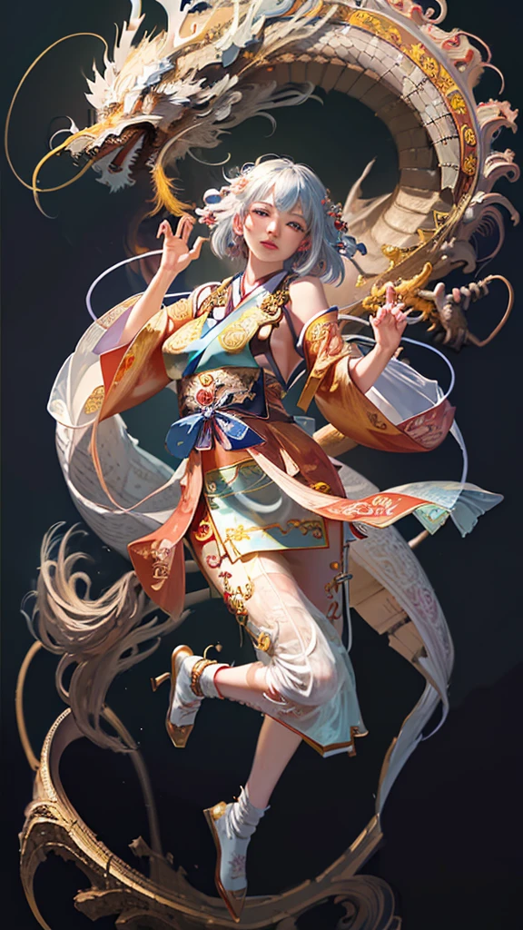 Official Art, Unified 8K Wallpapers, Ultra Detailed, Beautiful and Aesthetic, Masterpiece, Best Quality, (Zentangle, Tangle, Entangle), (fractal art: 1.4), 1girl, black hair, Chinese, bare shoulders, short skirt, calf, navel, very detailed, dynamic angle, cowboyshot, (most beautiful form chaos), flowing, (bright colors), oc, (half: 1.2), china, (thangka flying sky: 1.5), (ribbon: 1.3), (dream: 1.5), (hanfu: 1.5), Chinese dragon, Chinese phoenix, (smile: 0.5), (Chinese deity),