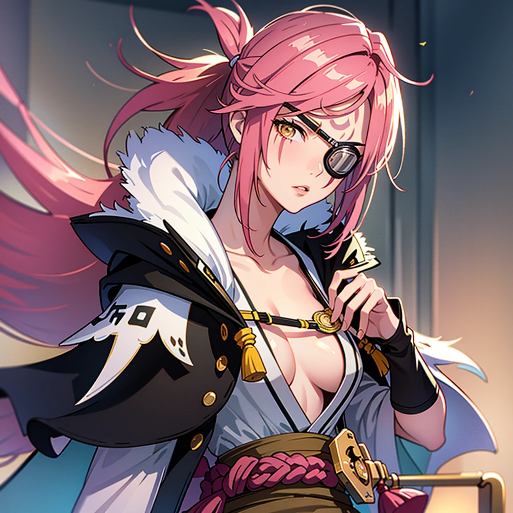 (masterpiece:1.3),(Very detailed:1.3),(High resolution:1.1),highest quality,Super detailed,1 girl,knife,alone,Yellow Bicycle,chest enormes,disconnected,アイpatch,Filmography,Black jacket,Black kimono,Open clothes,kimono,girdle,eye patch, patch, chest, chest, 巨大なchest, Pink Hair, Pink fur,