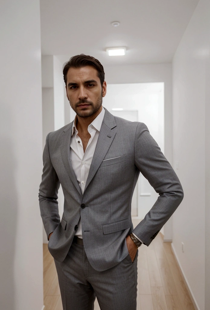 homem atraente de 30 anos em terno Hugo Boss , Bela barba , Executivo Sexy Homem, Suit then, Front camera focus, modo retrato, perfectly straight in front of the camera , full body standing , hands in pockets