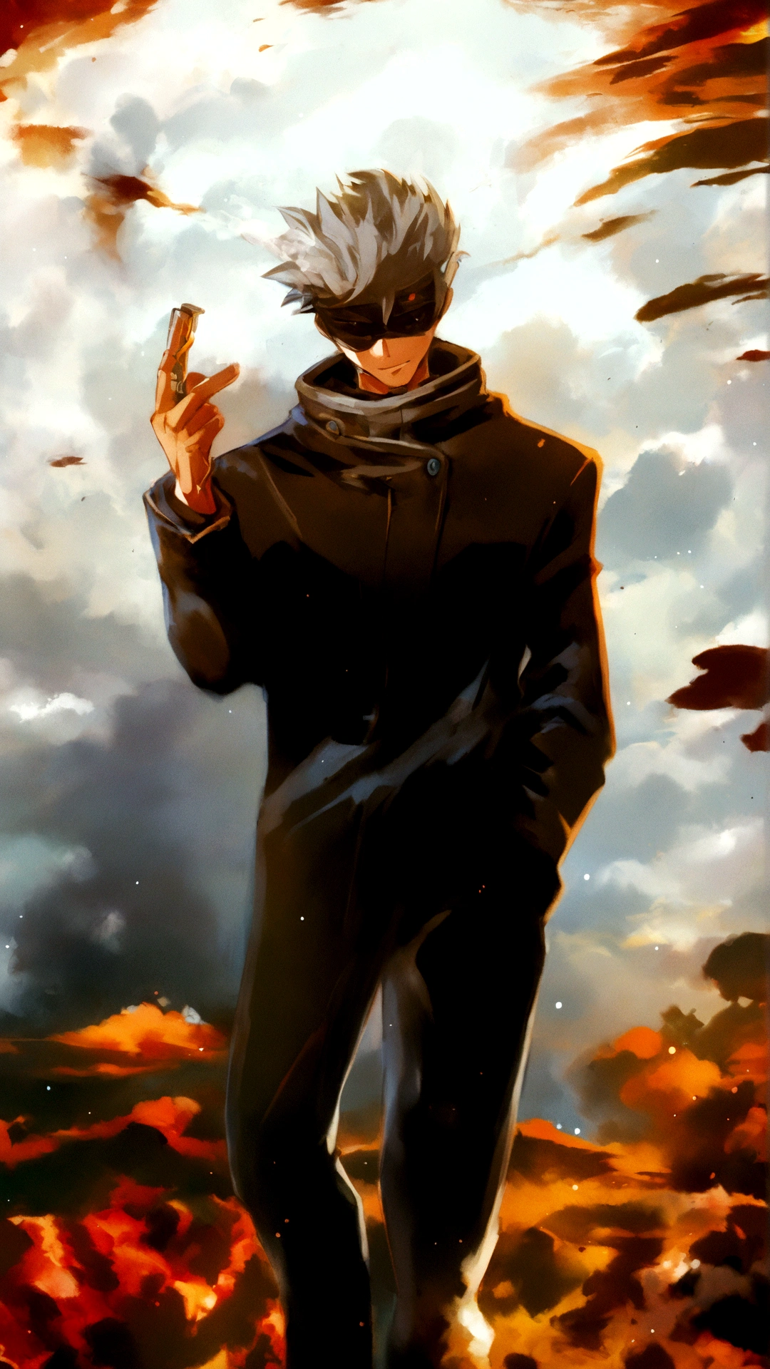 An anime character with a black coat and white hair is walking through a field, 4K Manga Wallpapers, Amazing Anime 8K, Anime Wallpaper, Awesome Wallpapers, hd Anime Wallpaper, Spectacular anime style, Gendo Ikari smoking a joint, 4KAnime Wallpaper, trigger anime art style, High Quality Wallpapers, With index finger, Mobile phone wallpaper, High-resolution wallpapers