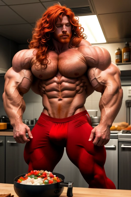 1 super sexy redhead guy with wavy hair that covers his eyes on his face with a lot of hair on his body he is super strong with a lot of muscle., completamente desnudo, juega al chef, revelador, sexi, aceitoso.