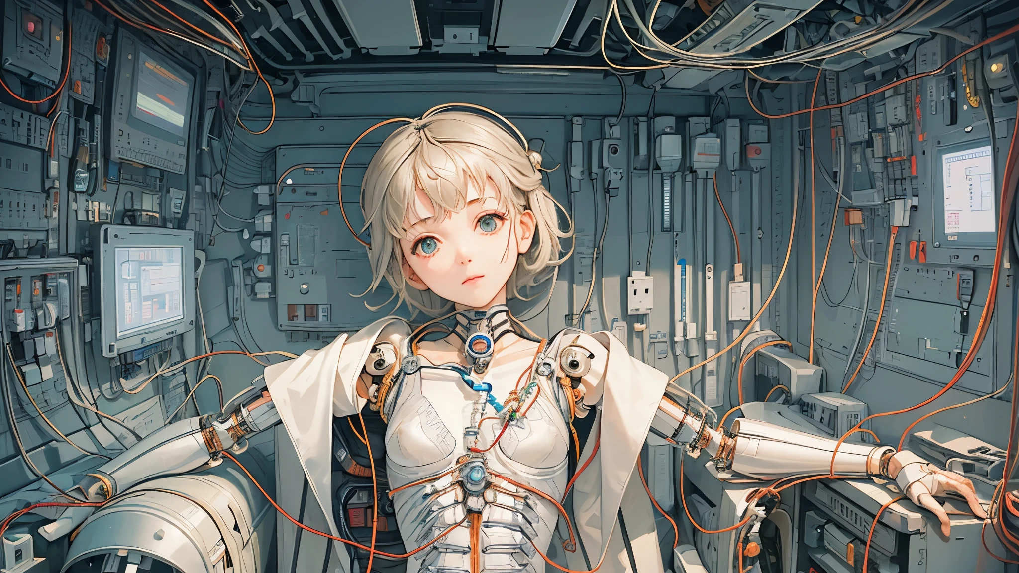 (((masterpiece))), (((highest quality))), ((Very detailed)), (Highly detailed CG illustrations), ((Very delicate and beautiful)),(Cute and delicate face),Light,((1. Machine Girl)),alone,whole body,(Machine made joints:1.4),((Mechanical Limbs)),(Muscles swell),(The vessel is connected to the tube),(Brain in a container:1.3),((Mechanical vertebrae attached to the back)),((Mechanical cervical spine attached to the neck)),((Sitting)),poker face,(Wires and cables attached to head and body:1.5),Small breasts,short hair,(Character Focus),sf,Lying down