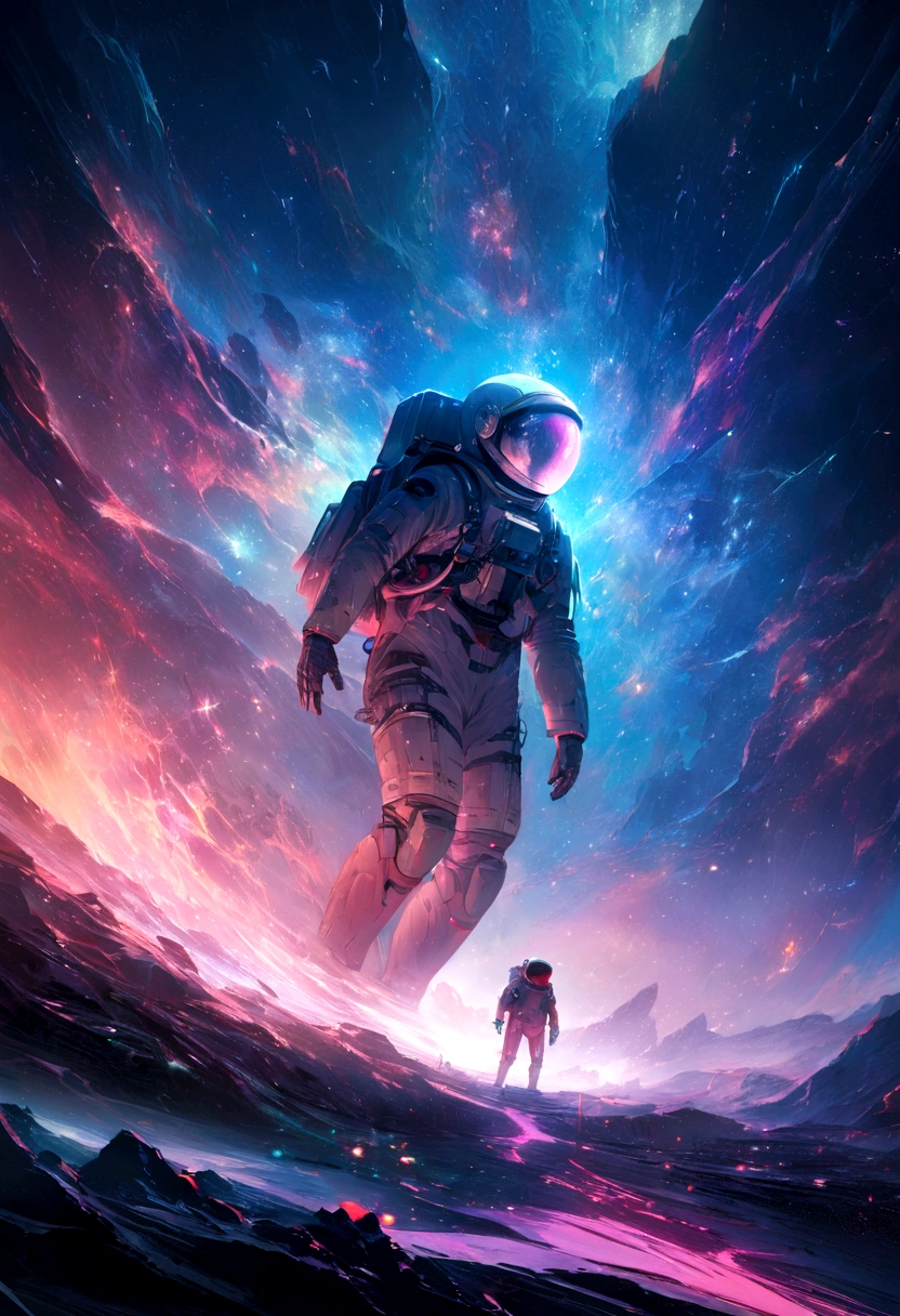 an astronaut standing in a lush field, nomanssky style wallpaper, 4K high resolution concept art beautiful masterpiece,abstract dream, space, intricate, large scale, alone, cinematic film still, Insane detail, sharp focus, depth of field , realistic lighting, (realistic perspective), complex, (multiple subjects), 4k HDR,