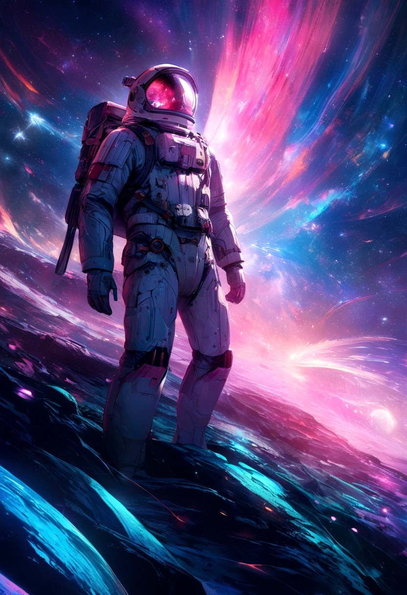 an astronaut standing in a lush field, nomanssky style wallpaper, 4K high resolution concept art beautiful masterpiece,abstract dream, space, intricate, large scale, alone, cinematic film still, Insane detail, sharp focus, depth of field , realistic lighting, (realistic perspective), complex, (multiple subjects), 4k HDR,