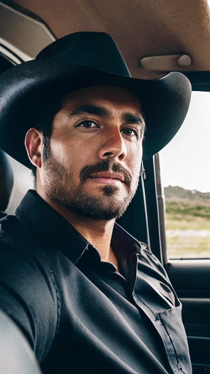 American ethnicity Storm Chaser guy from Del Rio, Black hair, Cowboy hat, collared shirt, large belt buckle, driving a big rig, sitting in driver's seat, holding steering wheel, selfie