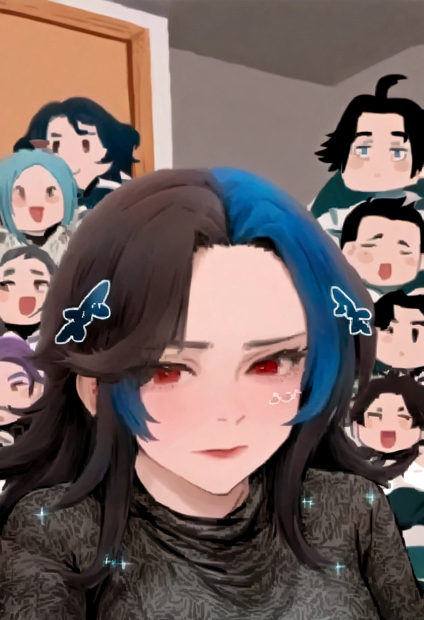 1 , bonito, cabelo preto, comma hair, forehead comma hair, cabelo coreano, estilo de rua, Moletom roxo, brilhante, olhos vermelhos, olhando para o espectador, tronco, sorriso, nariz mediano