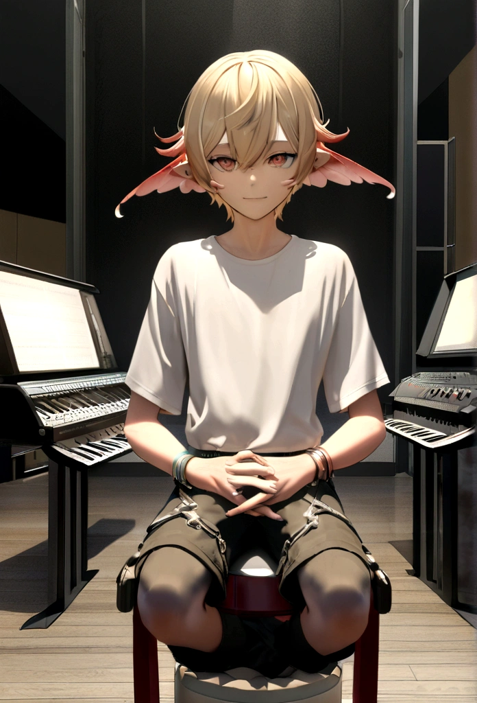 3D style render of a young man sitting on a stool in a music studio, devant un fond avec un orchestre. Il porte une veste beige à poches multiples par-dessus un t-shirt clair, ainsi qu'un pantalon marron. His arms are crossed on his knees, et il porte des bracelets et une montre au poignet gauche Avec un micro devant lui. Il est souriant, et ses cheveux sont courts