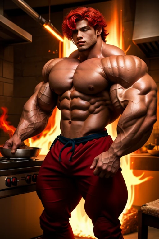 1 joven pelirrojo super sexy con cabello ondulado semicorto y con mucho vello en el cuerpo, super strong with a lot of muscle., completamente desnudo, juega al chef, revelador, sexi, aceitoso.