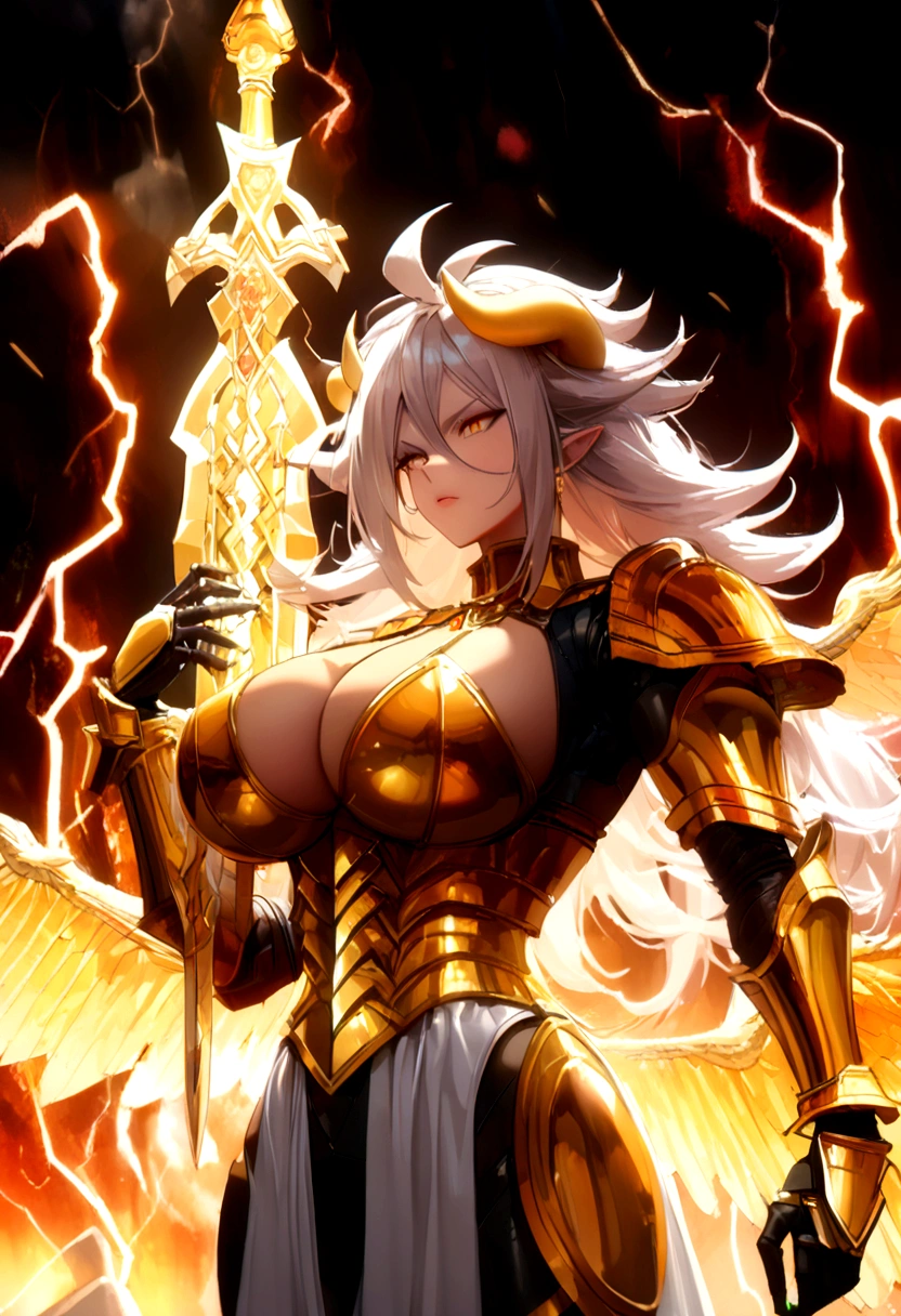 ((Lightning Power)), ((Electricity)), ((Fire Background)), ((android 21)), (((white Coat))), (((Full Power))), (((Busty))), (((((Big breast:1,3)))), luxury bustier corset, ((silver hair)), (((Very slim waist))), propotional body, ((Gorgeous)), ((gold wings)), masterpiece, hyperdetail, ambient effect, digital effect, (((FIRE SWORD)), (((Lightning Sword))), (((Fire Gold Armor))), ((Lightning Gold Wings)), ((Fire Demon Horns))