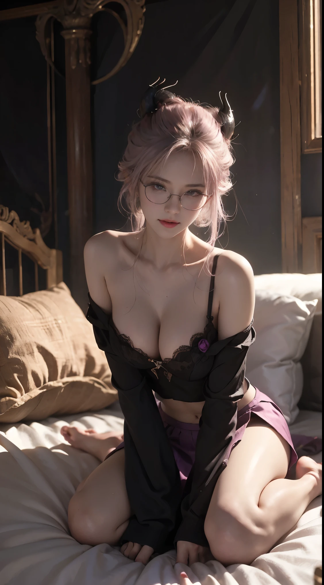 Dark style、Succubus、Devil's Daughter、Bat Wings,(((Demon Hornlack-rimmed round glasses))))、(((Colossal tits)))、(Devil's Tail),(Woman lying on bed)1 girl, Silver hair, striated hair, Bangs, Blunt bangs, Long hair, Pink hair, aqua eyes, longeyelashes, Purple eyes, makeup, Smile, Parted lips, Realism, Verism, surrealism, depth of fields, One-person viewpoint, retinas, masutepiece, ccurate, Anatomically correct, Textured skin,(Coarse short sweater)Floats off the shoulders、off shoulderlack tight skirt((Full Body Angle))、stick out buttocks)、(shapely breasts,)、((sexypose)))、(camel's toe), tongue、Vaginal orchids、Runny Vaginal Discharge、Blowing tide、Very beautiful breasts、Grasp your breasts with both hands、sexual excitement、 Expressions、shinny skin。realisitic、(Kpop Idol)、Medium Hair、(Pink blush)、(illuminating)、(solo)、dynamicposes、((erectile nipple))、(Puffy eyes:1.2)、 (Slim legs)、erotick