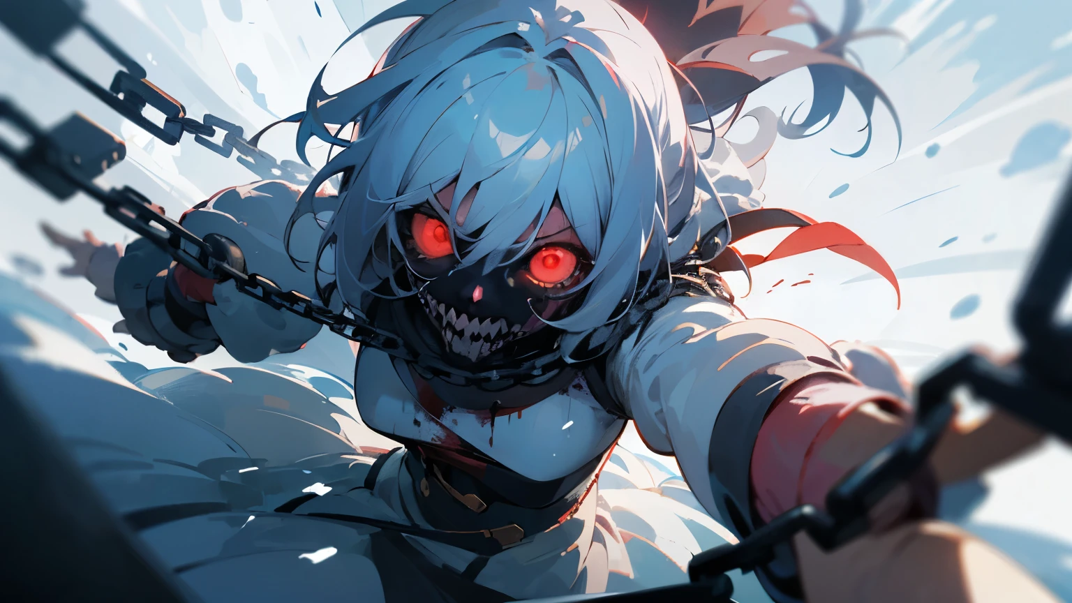 ((best quality)), ((super hdr plus)), ((4k)), ((horror anime girl)), ((horror)), ((well produced)), snow and chains with blur, anime with red eyes, cruel, anger