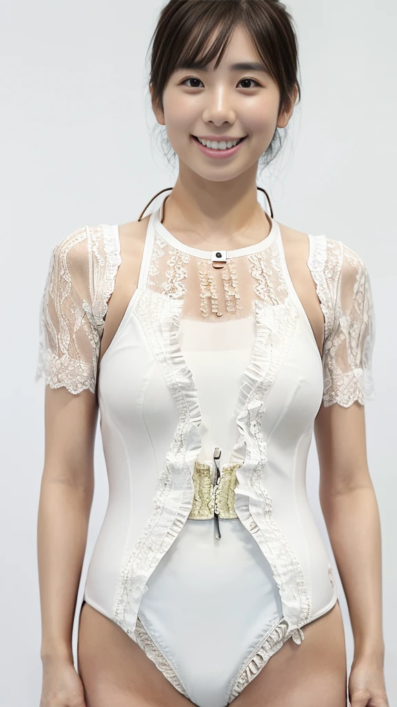 (Highest quality、8k、32k)、(1 female:2)、Cute Japanese Woman,Wolf Cut Hair、Brown short hair、(Sexy white lace swimsuit:2),(Full Body Shot:2)、Cleavage、necklace、From above、When you look at the audience、Very delicate face、Abdominal muscles、slender、High Style、High resolution、coastline sunset、Kind eyes、Large Breasts、smile,Moisturized lips、looking at the camera、Canon Camera,