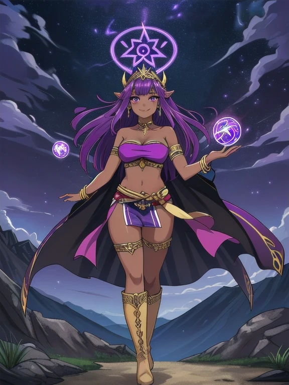 (MasterPiece) (Highly Detailed) (4k), 1female, solo, 25 year old woman, Sorceress, Fantasy, Fantasy setting, (Dark Skin:1.4), Purple eyes, Purple Hair, Pink Hair, Long Hair, (covered in purple runes:1.3), (Wearing: strapless top, loincloth, golden bracelets, golden head piece, golden knee high boots:1.2), looking at viewer with an amused smile, fierce and confident posture, both hands glowing bright purple, purple magic, bright purple sparks in both hands, expressive expression, dark and mysterious aura, complex eye makeup, mystical energy radiating from her hands, electric purple orbs swirling around her, (Night time, ethereal and magical atmosphere, outdoors, dark clouds in the sky, purple lighting, purple and magenta aroura's in the surroundings, gorgeous view of the mountains)
