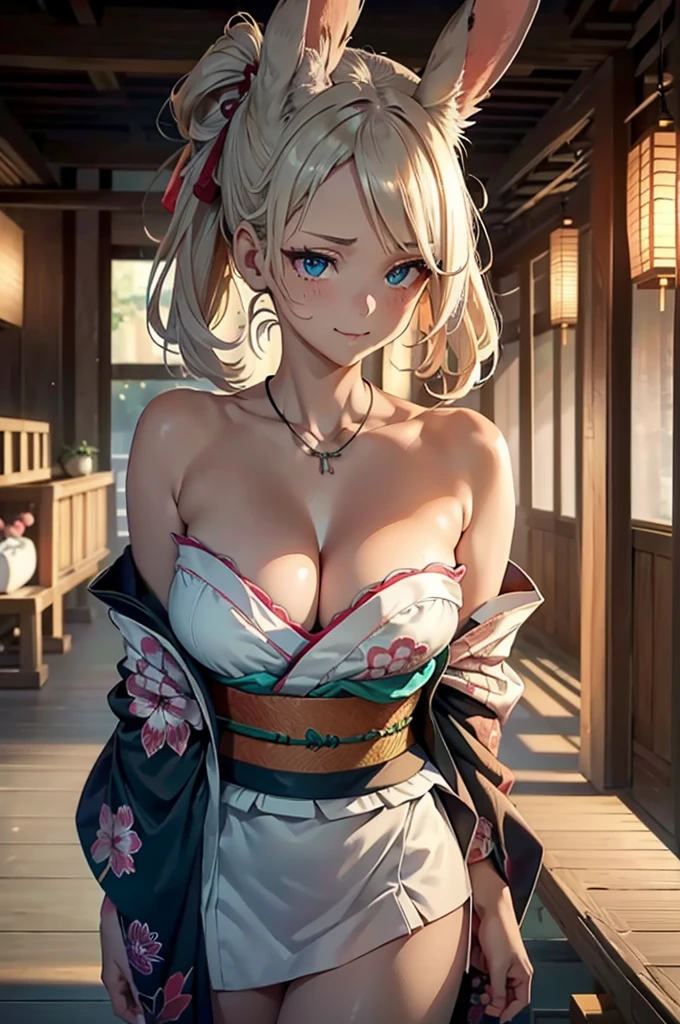 8K_wallpaper, Extremely detailed eyes, extremely detailed body, (large masterpiece digital art), (detailed manga illustration), (Detailed line art), ((Perfect anatomical structure)), (Intricate details:1.3), (Extremely detailed:1.3), (illustration:1.3), (Clear focus:1.3), (Natural Lighting:1.05), (Bright colors:1.3), (masterpiece), best quality, expressive eyes, Perfect face, 1 Girl, Animal ears, Bare shoulders, {blue eyes}, Vague, bracelet, breast, (((丰满柔软的breast,)))(((巨大的breast))) (((Cleavage))),Necklace, cleveage, Cowboy shooting, Depth of Field, festival, fireworks, Heart, Heart Necklace, Japanese clothes, Jewelry, kimono, large breast, looking at the audience, mask, mole, mole under mouth, Heart, Off-shoulder, Open your mouth, Rabbit ears, Ribbon trim的腿部服饰, Ribbon trim, sash, short hair, short kimono, Short yukata, Hollows in the skin, Smile, Solitary, High Leg Raise, Belief, Wide sleeves, Green Yukata,