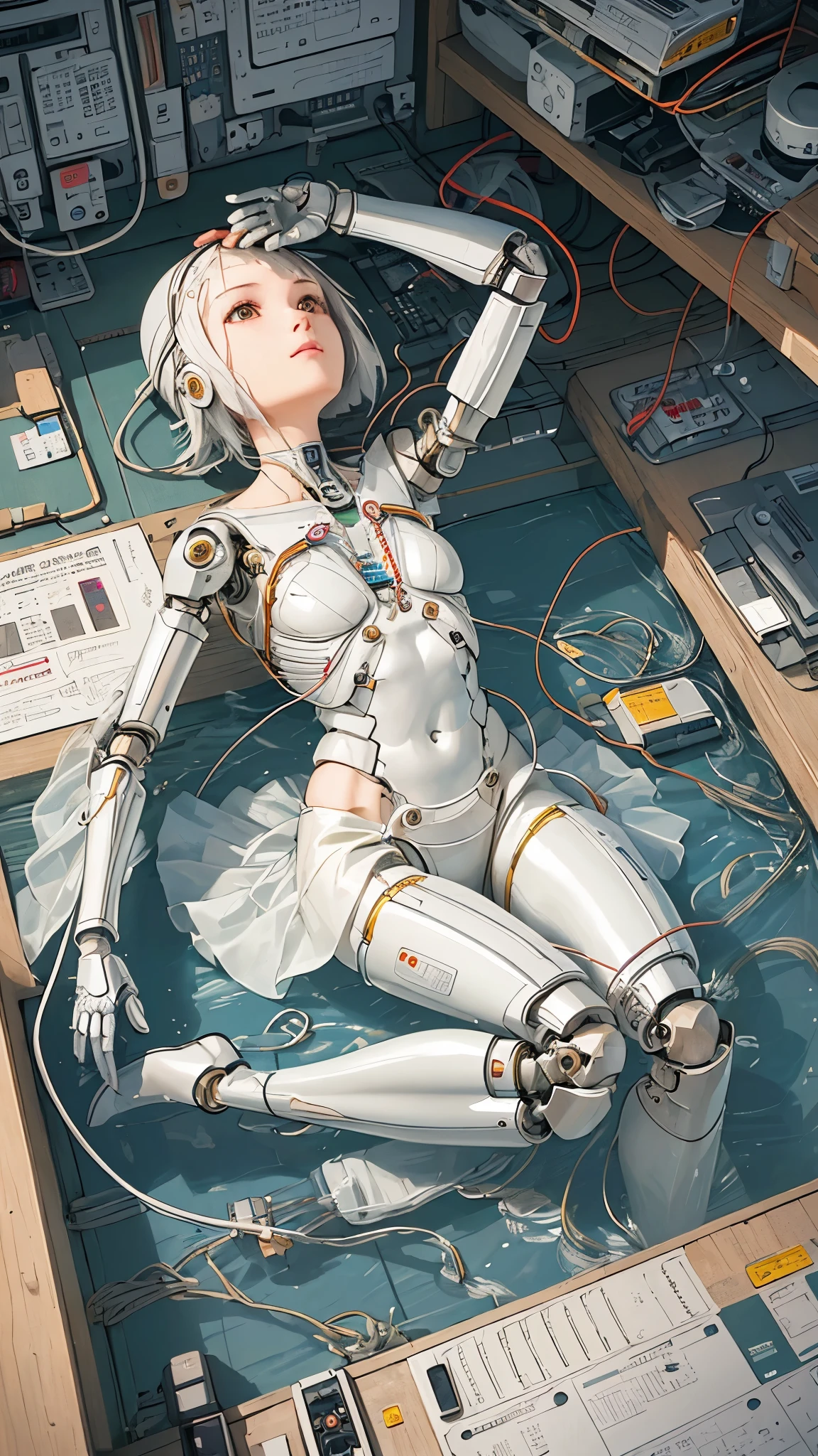 (((masterpiece))), (((highest quality))), ((Very detailed)), (Highly detailed CG illustrations), ((Very delicate and beautiful)),(Cute and delicate face),Light,((1. Machine Girl)),alone,whole body,(Machine made joints:1.4),((Mechanical Limbs)),(Muscles swell),(The vessel is connected to the tube),(Brain in a container:1.3),((Mechanical vertebrae attached to the back)),((Mechanical cervical spine attached to the neck)),((Sitting)),poker face,(Wires and cables attached to head and body:1.5),Small breasts,short hair,(Character Focus),sf,Lying down