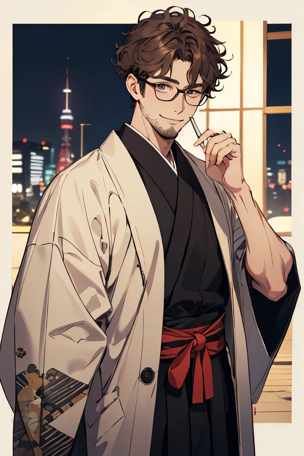 36 years old, (1 person:1.3), Warm Skin, Kind eyes, Mature Face, All-night, Short brown hair, Face focus, Adult,Tired face, A pleasant personality, smile, highest quality, Facial details, whole body, Lean body type, Glasses, Shaggy Hair, (Perm:1.2), Middle Hair, front, Masterpiece, representative work, Thin beard, goutee, Front, tall, front向き, Character portrait, Taisho, Cowboy Shot, Knee, Hakama, Plain background, A haori coat with a flashy pattern, Hip Up,(looking to forward:1.1), 気持ちのいいsmile, Facing, Facing the camera