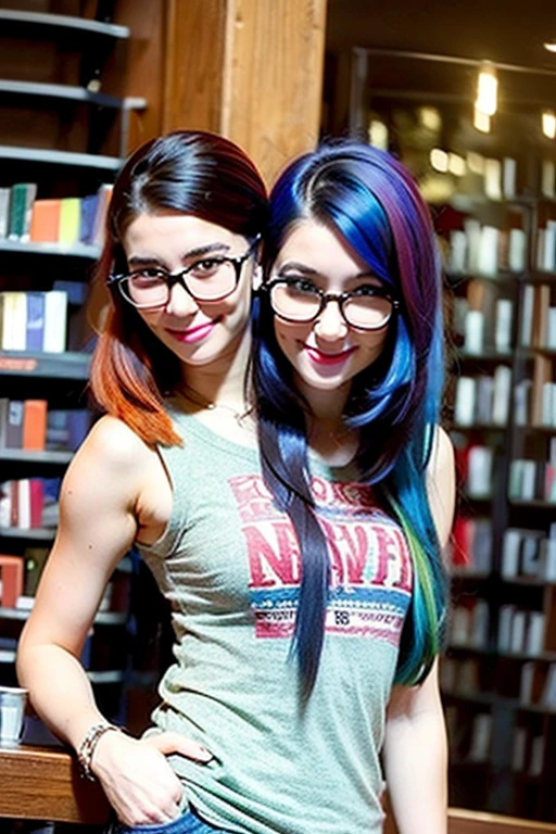 2heads, female couple, age 28, two heads on one body, one torso, hipsters, multicolored hair, hipster fashion, in bookstore,