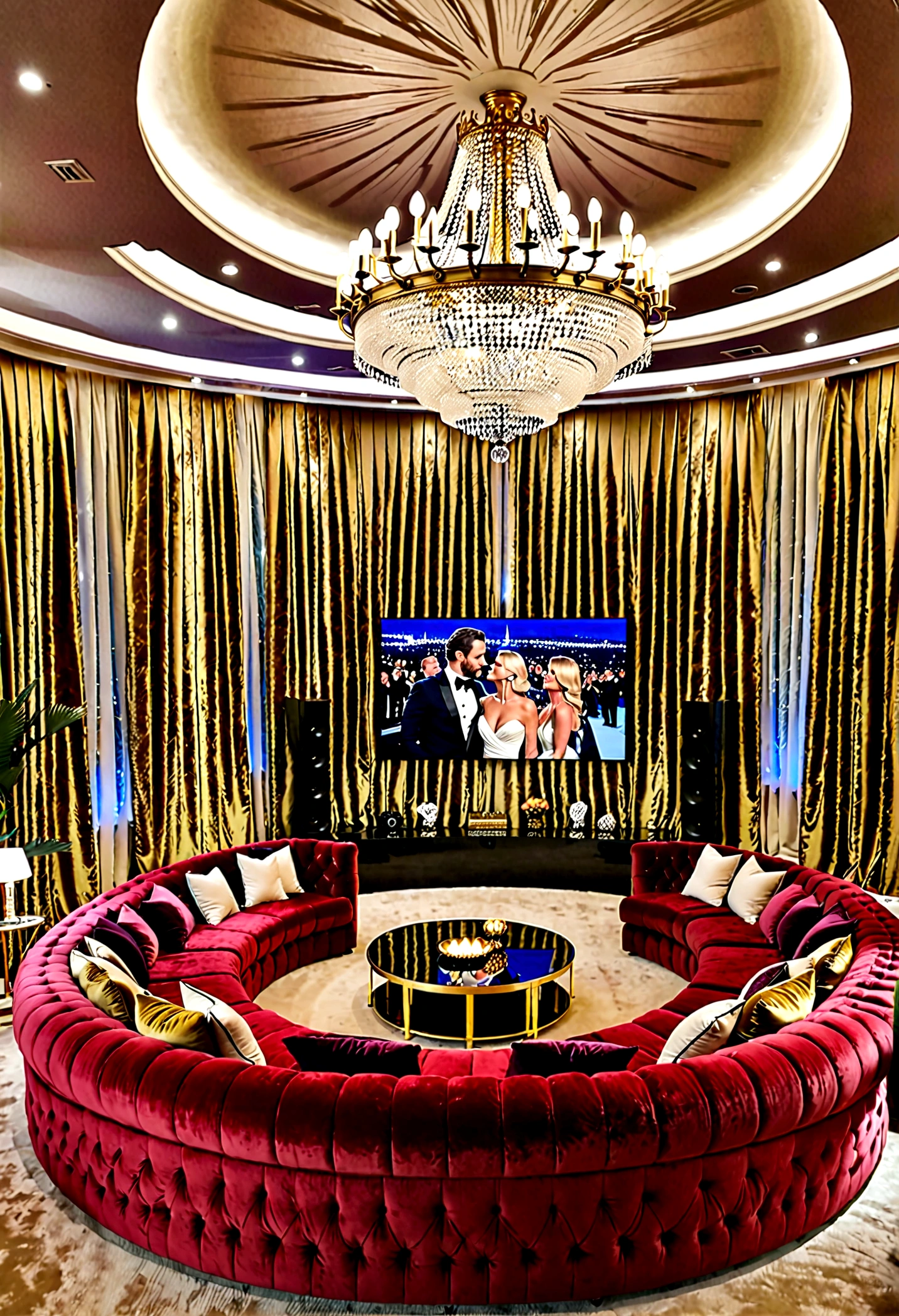 A stunning, ultra-high-definition image of a luxurious living room, where an enormous curved 100-inch 8K television screen takes center stage. The screen displays a captivating scene from the red carpet, with celebrities posing and being snapped by the paparazzi. Meanwhile, guests in the opulent mansion are intently watching the unfolding drama on the screen, creating a palpable sense of tension and excitement. The room is beautifully furnished with plush sofas, modern art adorning the walls, and a stunning chandelier hanging overhead. The overall atmosphere is one of glamour, intrigue, and captivation, as the world of celebrity gossip unfolds on the screen and captivates the audience. This image masterfully encapsulates the allure of the entertainment world and the fascination with the lives of the rich and famous.