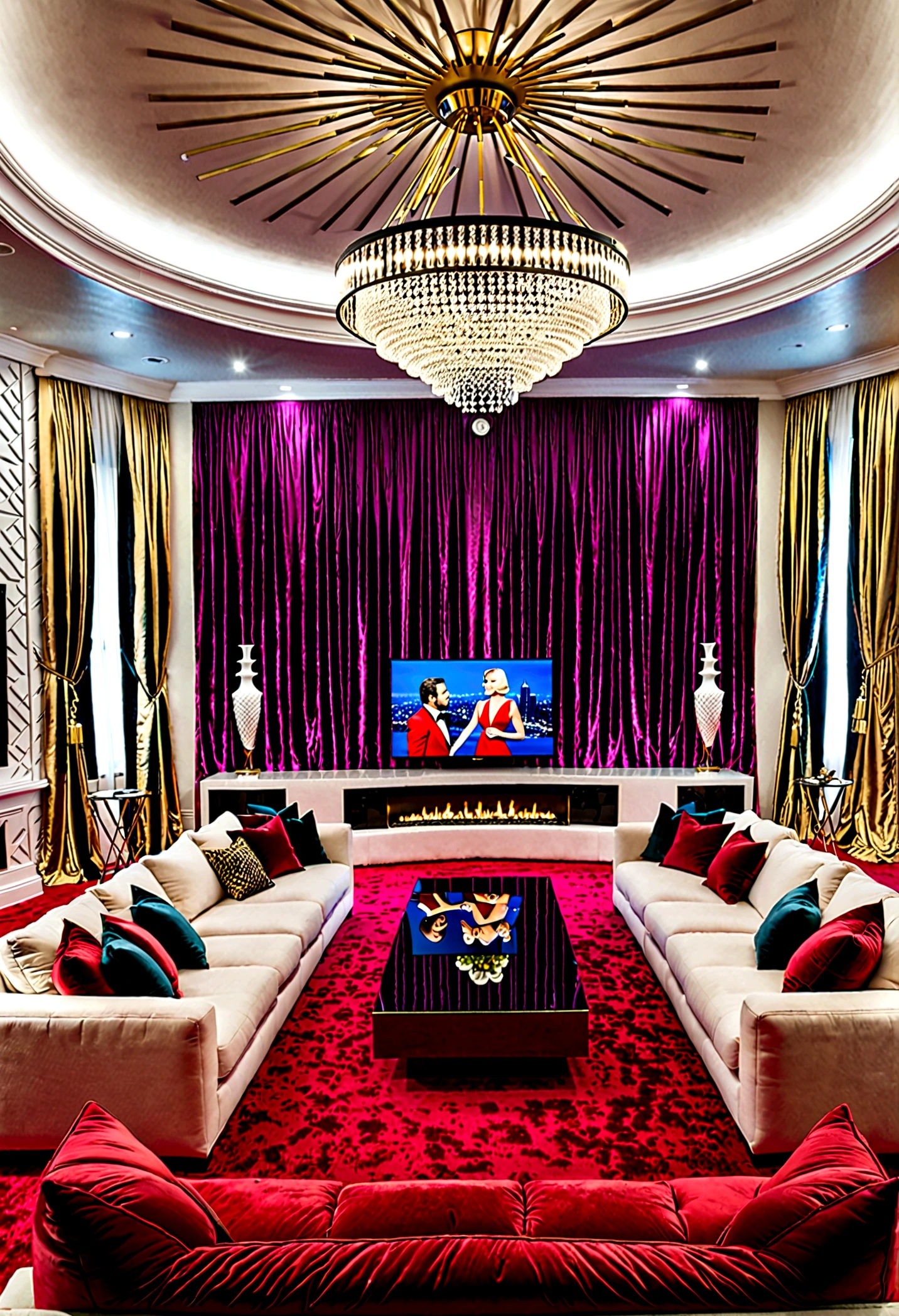 A stunning, ultra-high-definition image of a luxurious living room, where an enormous curved 100-inch 8K television screen takes center stage. The screen displays a captivating scene from the red carpet, with celebrities posing and being snapped by the paparazzi. Meanwhile, guests in the opulent mansion are intently watching the unfolding drama on the screen, creating a palpable sense of tension and excitement. The room is beautifully furnished with plush sofas, modern art adorning the walls, and a stunning chandelier hanging overhead. The overall atmosphere is one of glamour, intrigue, and captivation, as the world of celebrity gossip unfolds on the screen and captivates the audience. This image masterfully encapsulates the allure of the entertainment world and the fascination with the lives of the rich and famous.