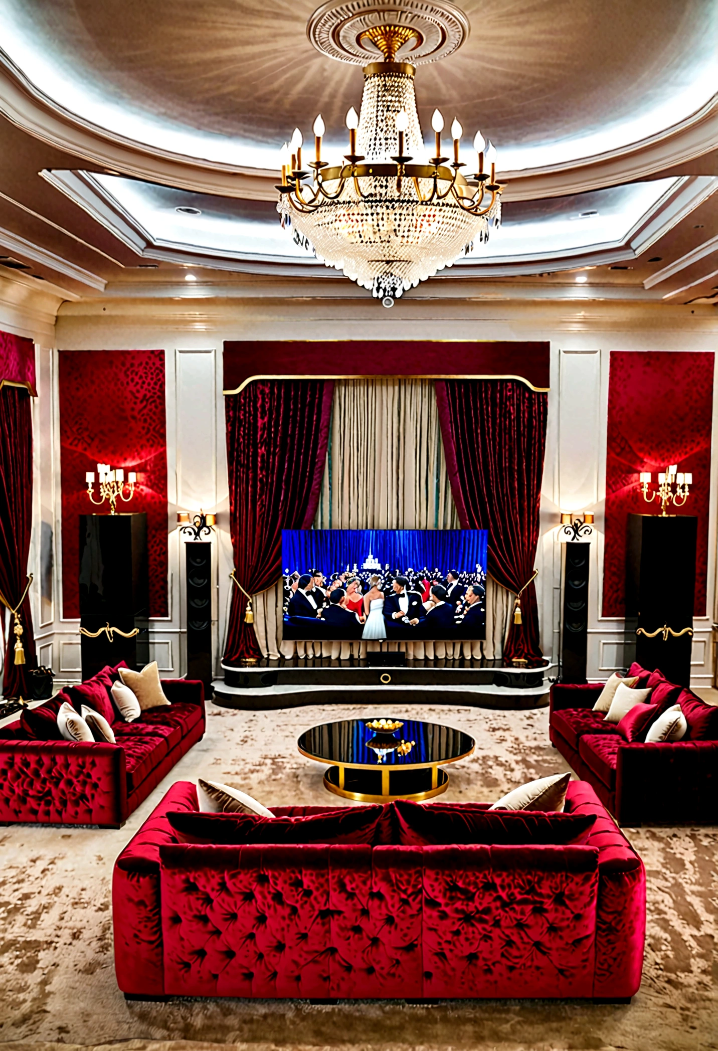 A stunning, ultra-high-definition image of a luxurious living room, where an enormous curved 100-inch 8K television screen takes center stage. The screen displays a captivating scene from the red carpet, with celebrities posing and being snapped by the paparazzi. Meanwhile, guests in the opulent mansion are intently watching the unfolding drama on the screen, creating a palpable sense of tension and excitement. The room is beautifully furnished with plush sofas, modern art adorning the walls, and a stunning chandelier hanging overhead. The overall atmosphere is one of glamour, intrigue, and captivation, as the world of celebrity gossip unfolds on the screen and captivates the audience. This image masterfully encapsulates the allure of the entertainment world and the fascination with the lives of the rich and famous.