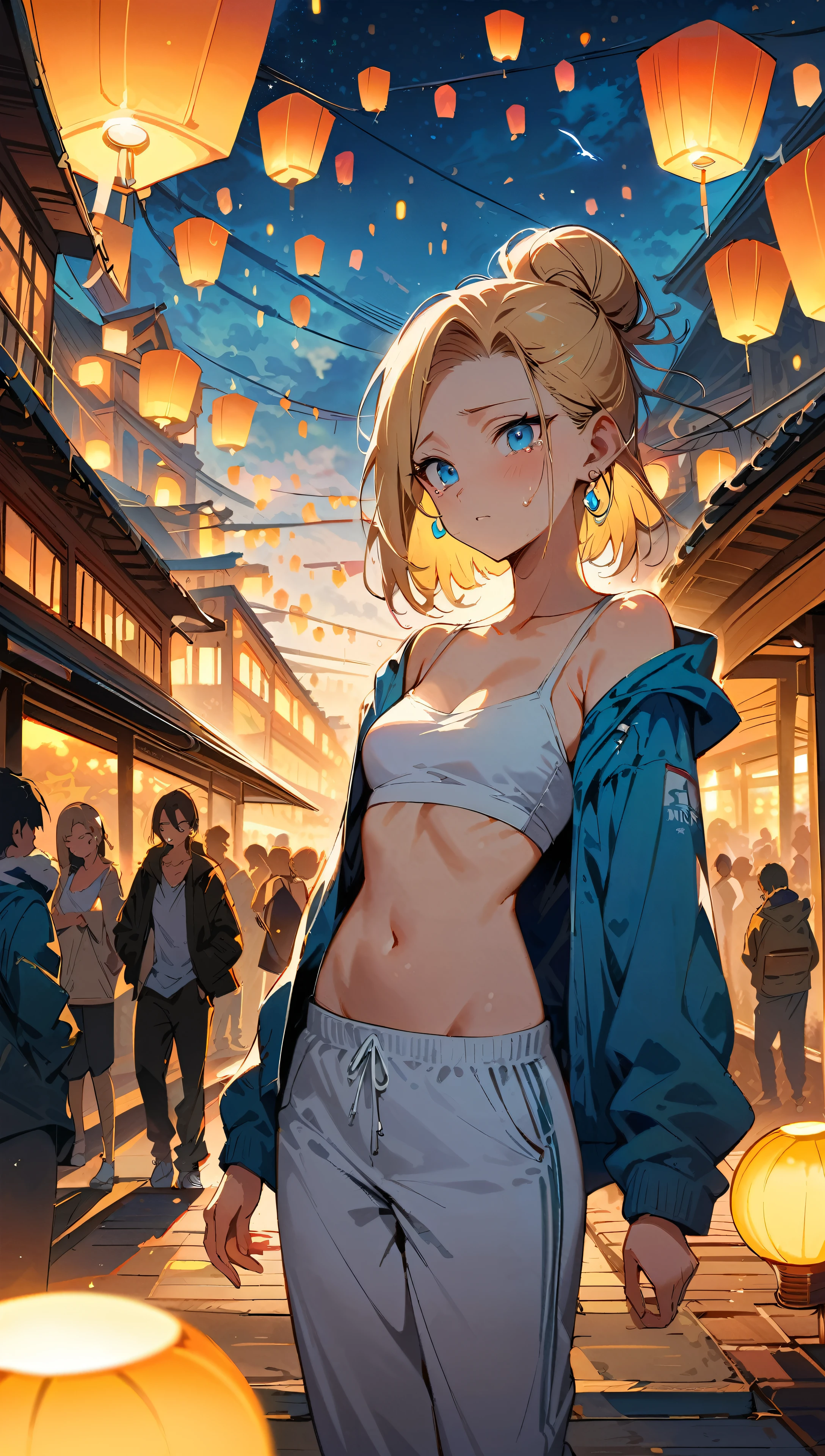 (masterpiece, best quality:1.2), solo, Android 18 from Dragon Ball, (light gray top), ((slip-on crop top)), ((sweatpants)), ((light grey sweatpants)), (hooded jacket), thighs, midriff, small breasts, blonde hair, (single hair bun), ((blue eyes)), earrings on earlobes, slender feminine figure, narrow waistline, skinny body, long legs, tears of emotion, tearing up, train station platform, surrounded by tourists, countless sky lanterns drifting in evening sky, night, fair weather, dreamlike, surreal, fantastical, the Lantern Festival, magnificent view, blur background, 4K