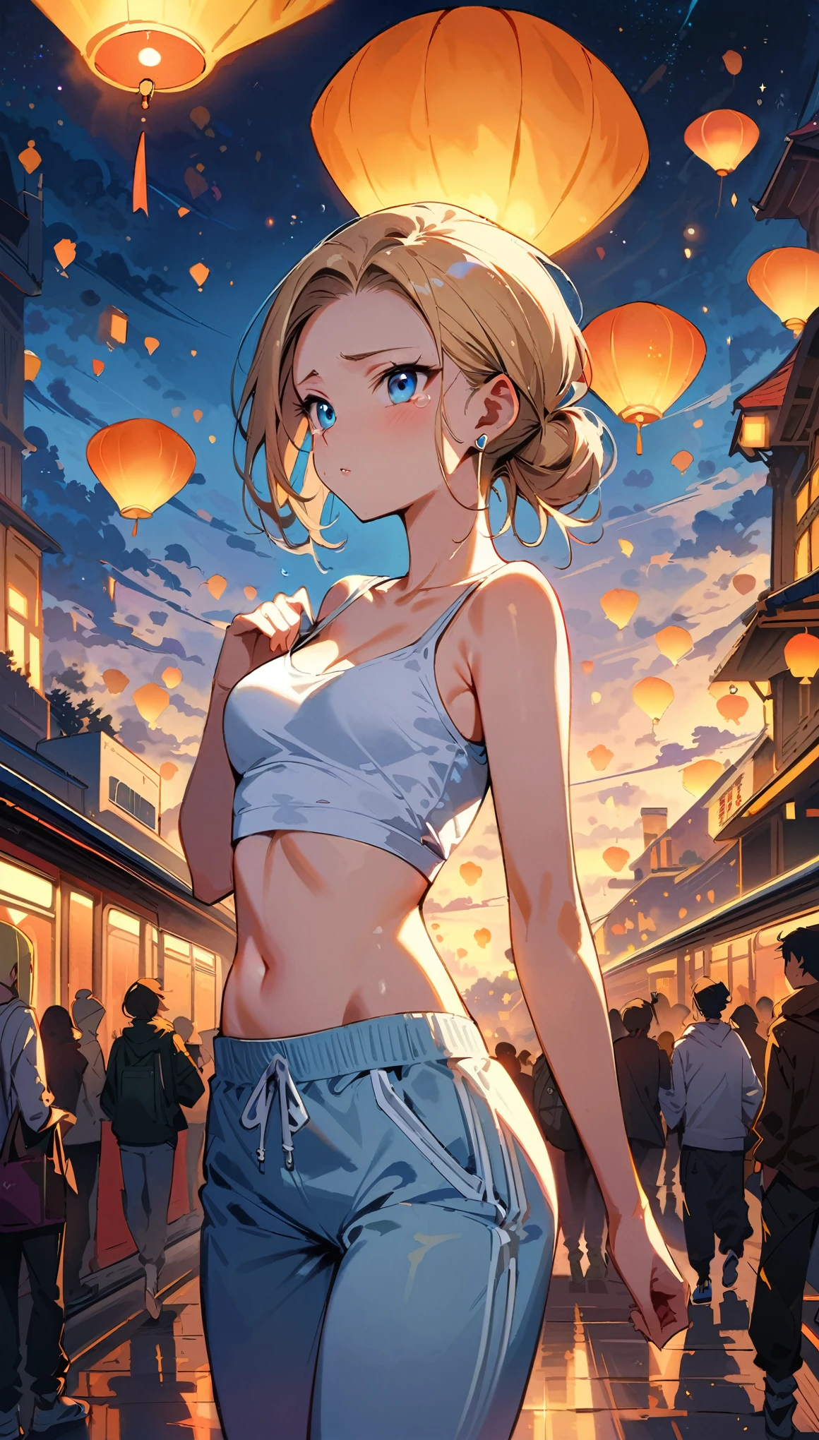 (masterpiece, best quality:1.2), solo, Android 18 from Dragon Ball, (light gray top), ((slip-on crop top)), ((sweatpants)), ((light grey sweatpants)), (hooded jacket), thighs, midriff, small breasts, blonde hair, (single hair bun), ((blue eyes)), earrings on earlobes, slender feminine figure, narrow waistline, skinny body, long legs, tears of emotion, tearing up, train station platform, surrounded by tourists, countless sky lanterns drifting in evening sky, night, fair weather, dreamlike, surreal, fantastical, the Lantern Festival, magnificent view, blur background, 4K