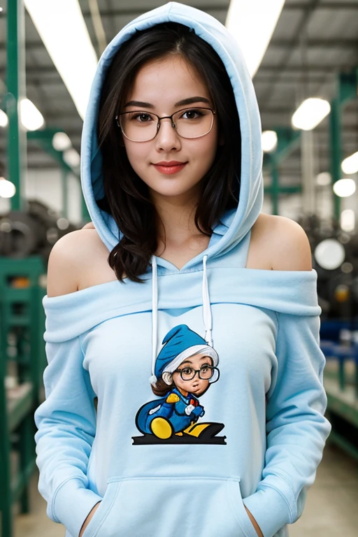 ((best quality)), ((masterpiece)), (detailed), 1girl smurf, off-shoulder hoodie, big breast, wearing glasses. Factory background.