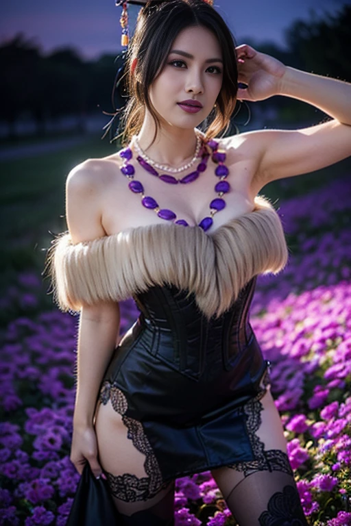 (highest quality、Ultra-high resolution、masterpiece、8K)、((Realistic、Ultra-realistic、Realistic)),Lulu from Final Fantasy 10 , 1 girl 、((Above the knee shot))、Very beautiful woman、Slender、Slim Waist、Sharp long legs、Beautiful purple eyes,White skin,Purple lips,((black long dress with short fur,Black fishnet stockings)),Purple Necklace、(Delicate face、Detailed eyes and face、double eyelid)、High-definition skin texture、Sexy pose,Beautiful purple rose field,Final Fantasy Worldview,Dark worldview,Amazing night view,Amazing night sky,Picturesque,smile,Captivating beauty,Phantom River、Professional Lighting