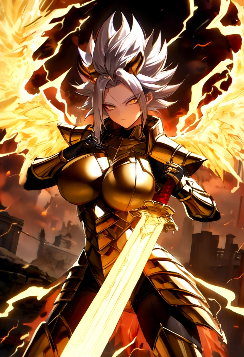 ((Lightning Power)), ((Electricity)), ((Fire Background)), ((android 21)), (((white Coat))), (((Super Saiyan Form))), (((Busty))), (((((Big breast:1,3)))), luxury bustier corset, ((silver hair)), (((Very slim waist))), propotional body, ((Gorgeous)), ((gold wings)), masterpiece, hyperdetail, ambient effect, digital effect, (((FIRE SWORD)), (((Lightning Sword))), (((Fire Gold Armor))), ((Lightning Gold Wings)), ((Fire Demon Mutiple Horns))