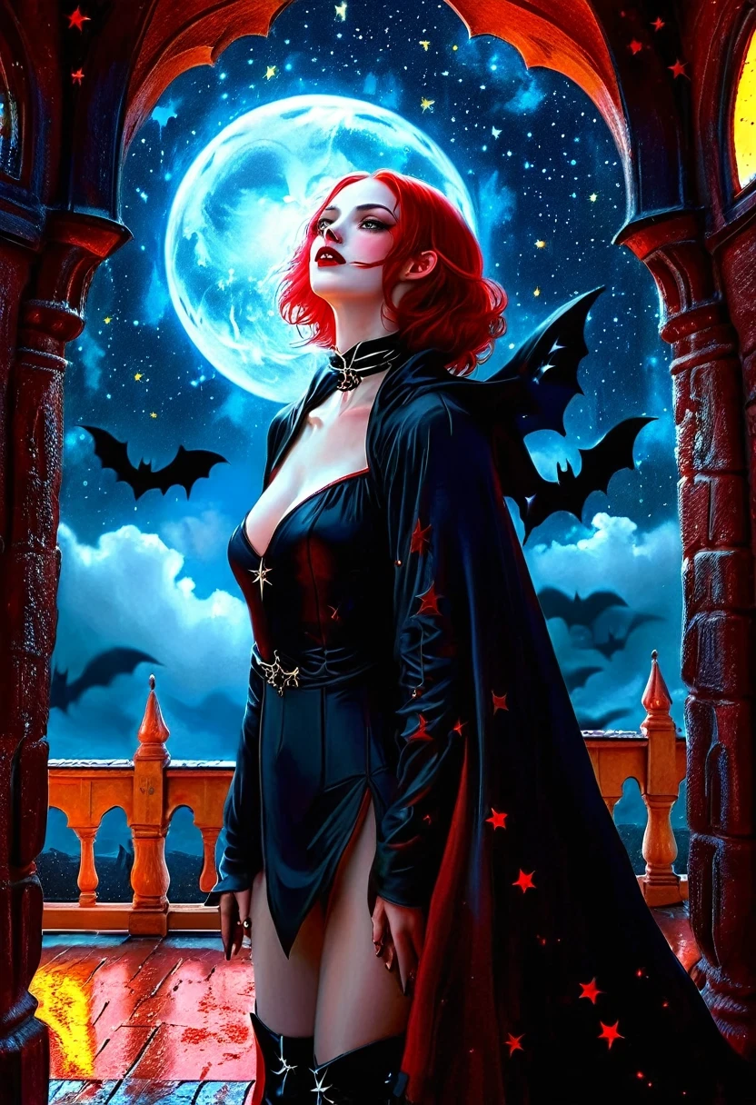 a picture of an exquisite beautiful female nun vampire standing under the starry night sky on the porch of her monastery, ultra feminine, (pale skin: 1.3), red hair, wavy hair, dynamic eyes color, cold eyes, glowing eyes, intense eyes, dark red lips, ((fangs: 1.1)), wearing (white nun tight uniform: 1.3), wearing (blue cloak: 1.3), long cloak, flowing cloak, wearing (high heeled boots: 1.3), sky full of stars background, moon, bats flying about, action shot, high details, best quality, 16k, ((ultra detailed: 1.5)), masterpiece, best quality, portrait shot, photorealism, dark fantasy art, gothic art, many stars, sense of dread, GlowingRunesAI_red, Cinematic Hollywood Film style, ((no nudity: 1.5))