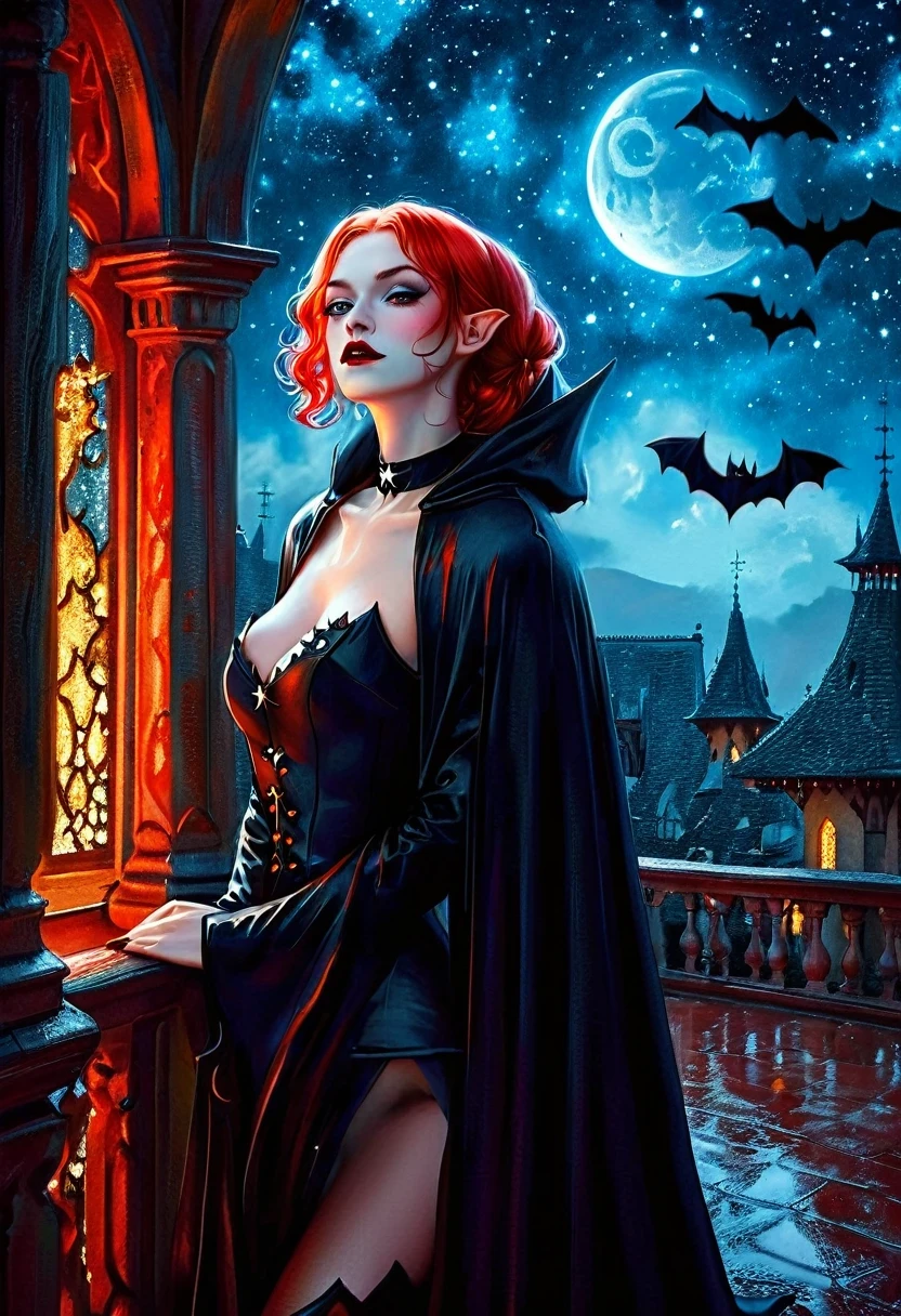 a picture of an exquisite beautiful female nun vampire standing under the starry night sky on the porch of her monastery, ultra feminine, (pale skin: 1.3), red hair, wavy hair, dynamic eyes color, cold eyes, glowing eyes, intense eyes, dark red lips, ((fangs: 1.1)), wearing (white nun tight uniform: 1.3), wearing (blue cloak: 1.3), long cloak, flowing cloak, wearing (high heeled boots: 1.3), sky full of stars background, moon, bats flying about, action shot, high details, best quality, 16k, ((ultra detailed: 1.5)), masterpiece, best quality, portrait shot, photorealism, dark fantasy art, gothic art, many stars, sense of dread, GlowingRunesAI_red, Cinematic Hollywood Film style, ((no nudity: 1.5))