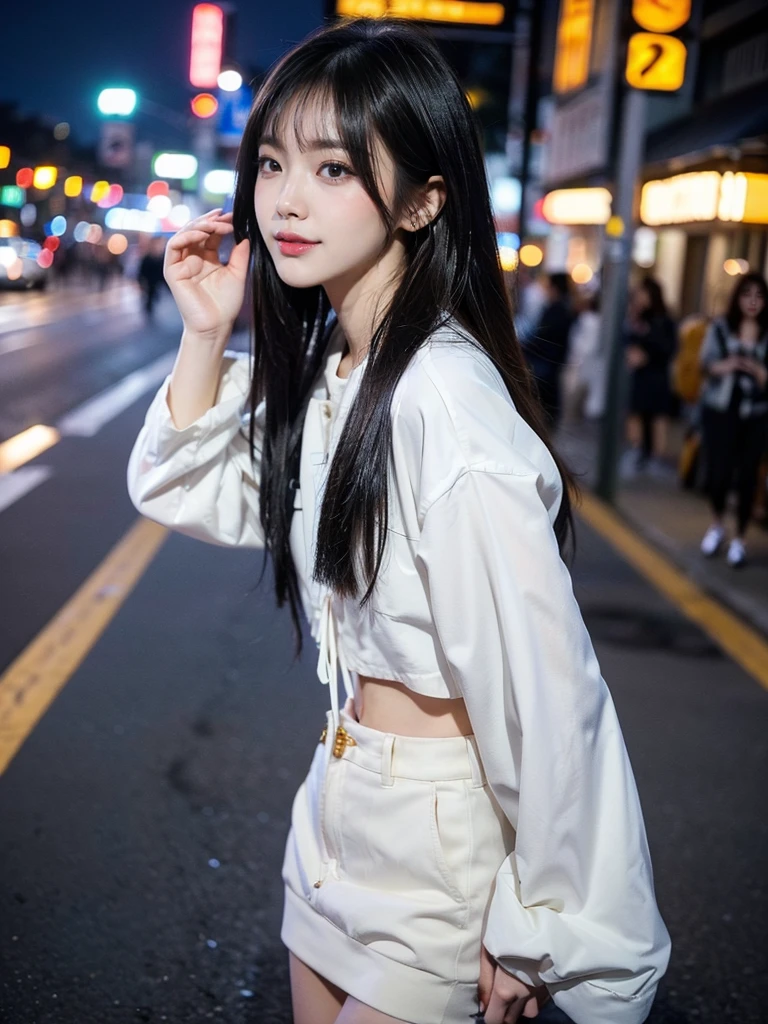 ((4K works))、masterpiece、(top-quality)、1 beutiful girl、Slim body、((Attractive clothes in black and white))、(Detailed beautiful eyes)、Walking together on the road at night、Face similar to Carly Rae Jepsen、((Boyish Gold Medium Hair))、((Smaller face))、((Neutral face))、((Blue eyes))、((American Women))、((Adult female 26 years old))、((cool lady))、((A shy smile on his face))、((Korean Makeup))、((elongated and sharp eyes))、((Happy dating))、((boyish))、((She is walking in front of the viewer))、((Shot from the top of the face))、((Shot diagonally from the side))