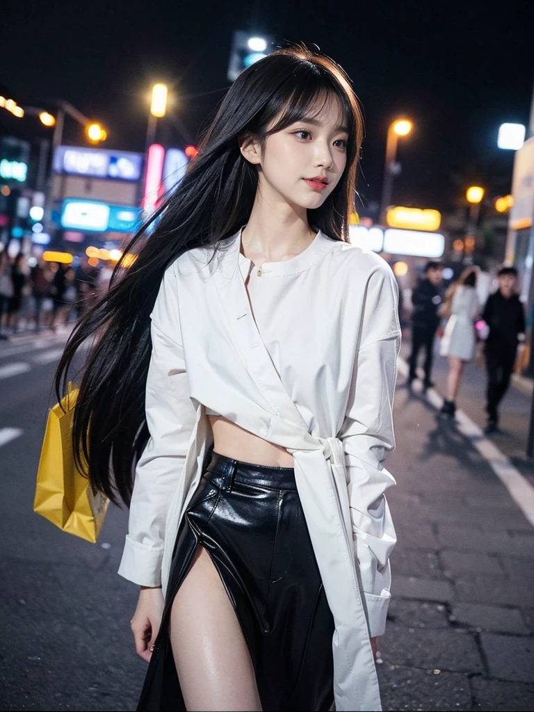 ((4K works))、masterpiece、(top-quality)、1 beutiful girl、Slim body、((Attractive clothes in black and white))、(Detailed beautiful eyes)、Walking together on the road at night、Face similar to Carly Rae Jepsen、((Boyish Gold Medium Hair))、((Smaller face))、((Neutral face))、((Blue eyes))、((American Women))、((Adult female 26 years old))、((cool lady))、((A shy smile on his face))、((Korean Makeup))、((elongated and sharp eyes))、((Happy dating))、((boyish))、((She is walking in front of the viewer))、((Shot from the top of the face))、((Shot diagonally from the side))