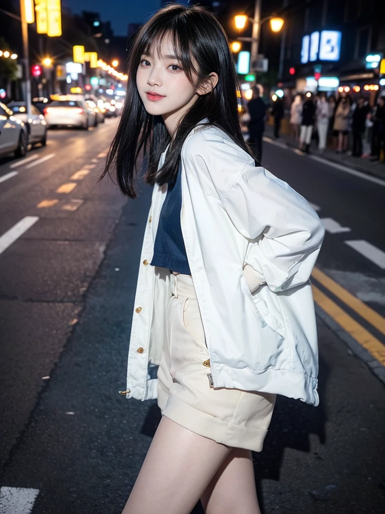 ((4K works))、​masterpiece、(top-quality)、1 beutiful girl、Slim body、((Attractive clothes in black and white))、(Detailed beautiful eyes)、Walking together on the road at night、Face similar to Carly Rae Jepsen、((Boyish Gold Medium Hair))、((Smaller face))、((Neutral face))、((Blue eyes))、((American Women))、((Adult female 26 years old))、((cool lady))、((A shy smile on his face))、((Korean Makeup))、((elongated and sharp eyes))、((Happy dating))、((boyish))、((She is walking in front of the viewer))、((Shot from the top of the face))、((Shot diagonally from the side))