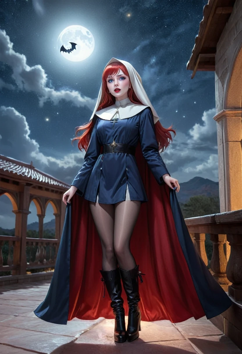 a picture of an exquisite beautiful female nun vampire standing under the starry night sky on the porch of her monastery, wearing (white nun tight uniform: 1.3), wearing (blue cloak: 1.3), long cloak, flowing cloak, wearing (high heeled boots: 1.3) ultra feminine, (pale skin: 1.3), red hair, wavy hair, dynamic eyes color, cold eyes, glowing eyes, intense eyes, dark red lips, ((fangs: 1.1)), , sky full of stars background, moon, bats flying about, action shot, high details, best quality, 16k, ((ultra detailed: 1.5)), masterpiece, best quality, portrait shot, photorealism, dark fantasy art, gothic art, many stars, sense of dread, GlowingRunesAI_red, Cinematic Hollywood Film style, ((no nudity: 1.5))